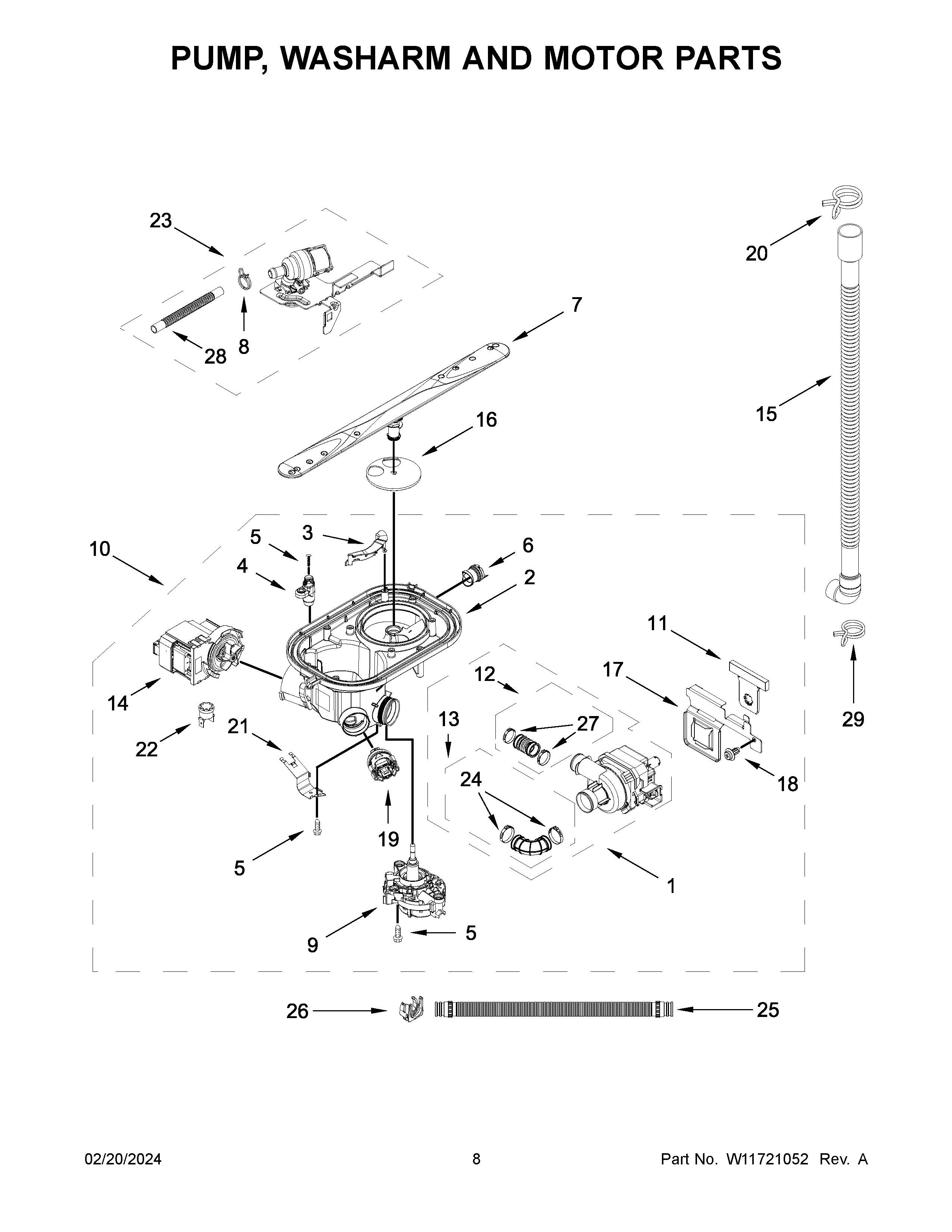 Pump, washarm and motor parts