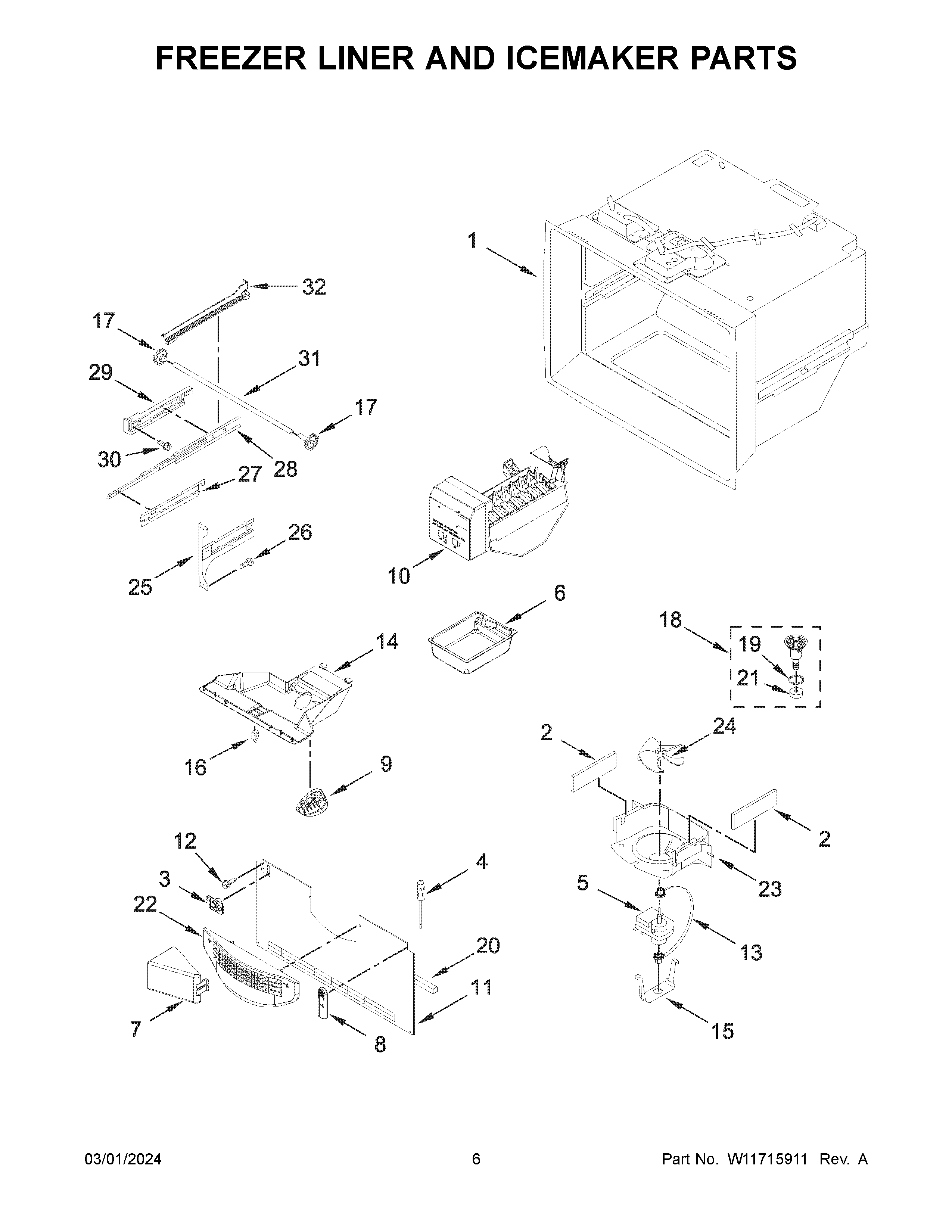 Freezer liner and icemaker parts