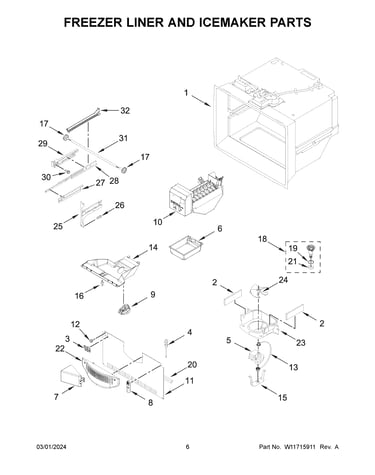 Freezer liner and icemaker parts