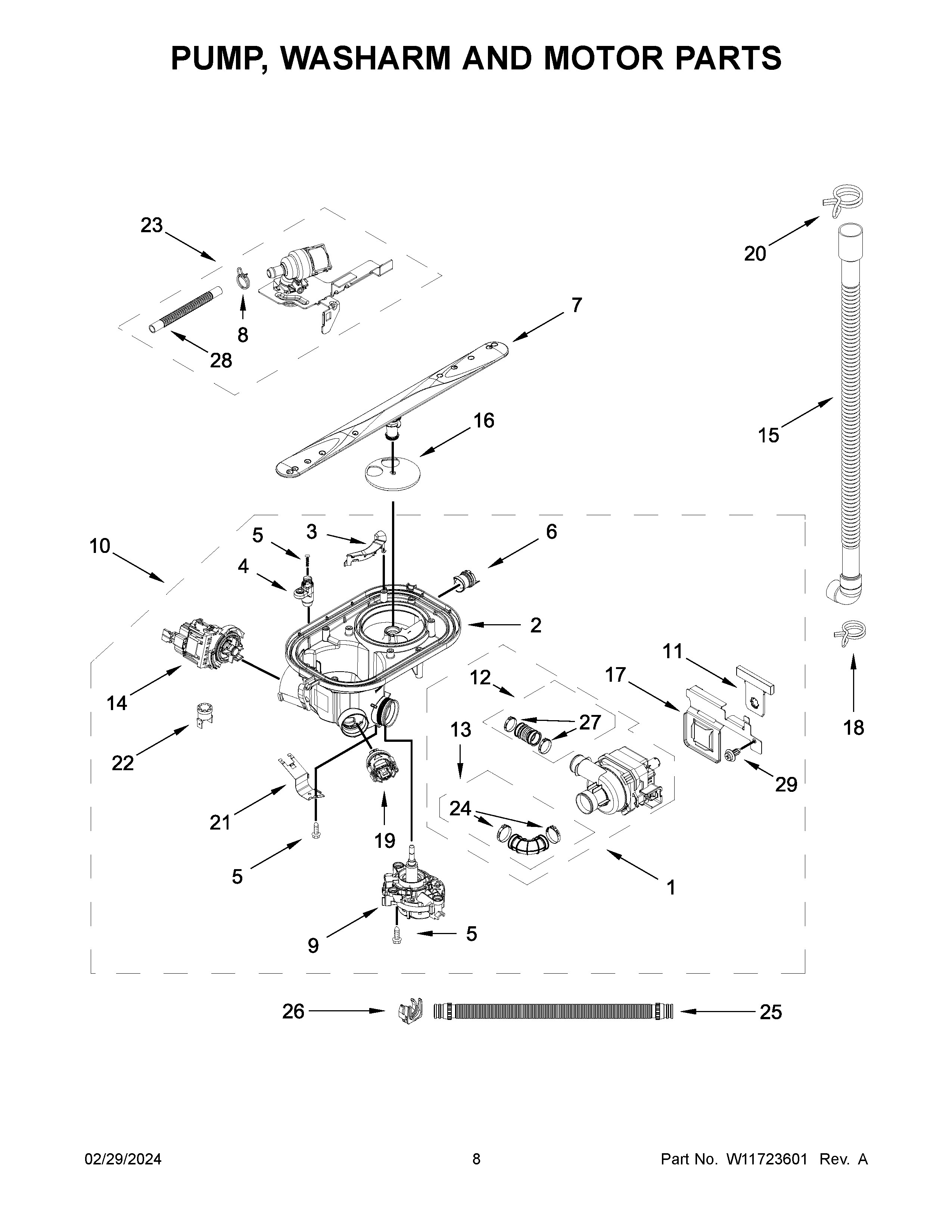 Pump, washarm and motor parts