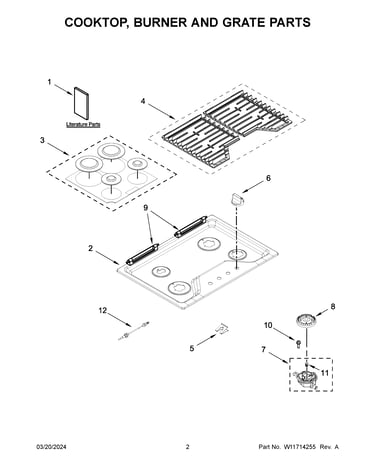Cooktop, burner and grate parts
