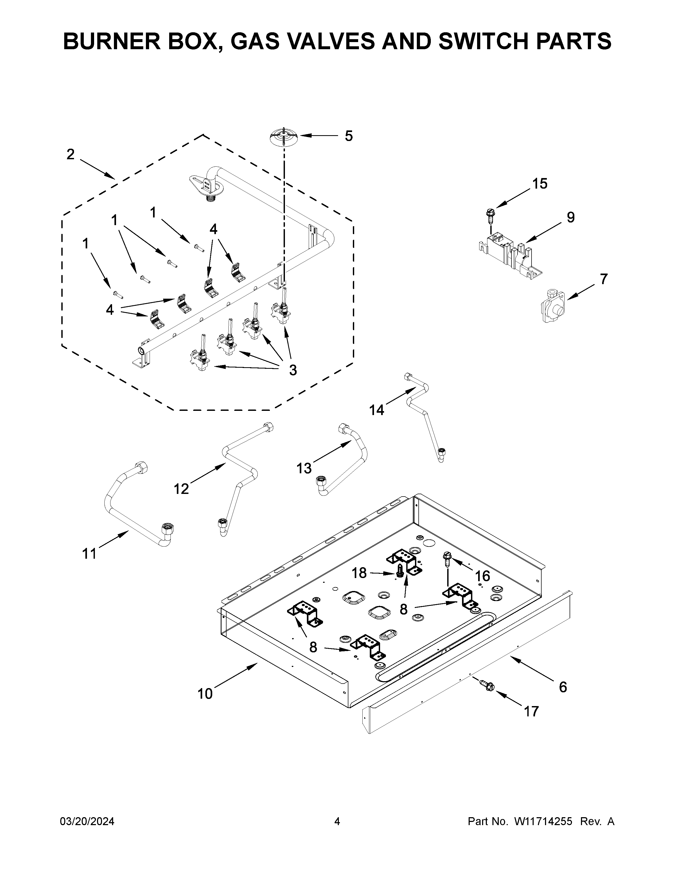 BURNER BOX, GAS VALVES AND SWITCH PARTS