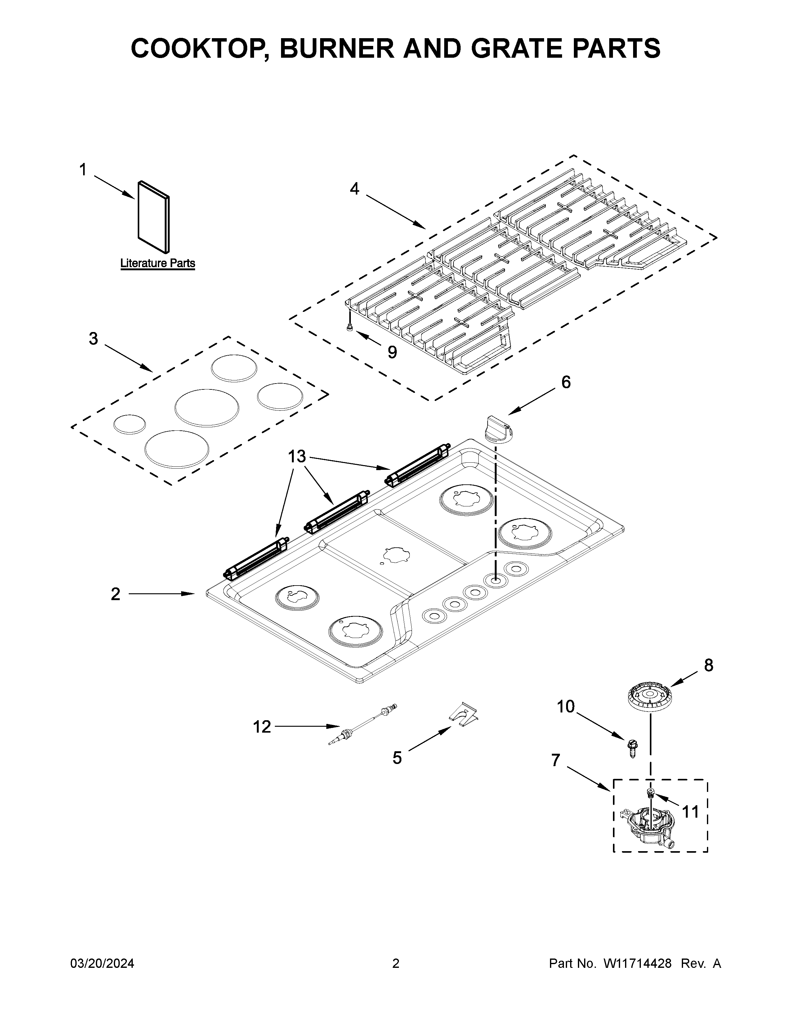 Cooktop, burner and grate parts