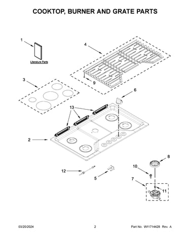 Cooktop, burner and grate parts