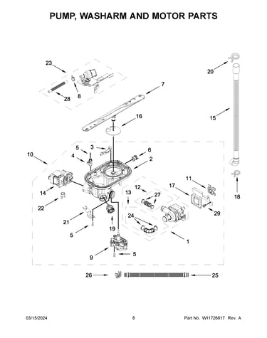 Pump, washarm and motor parts