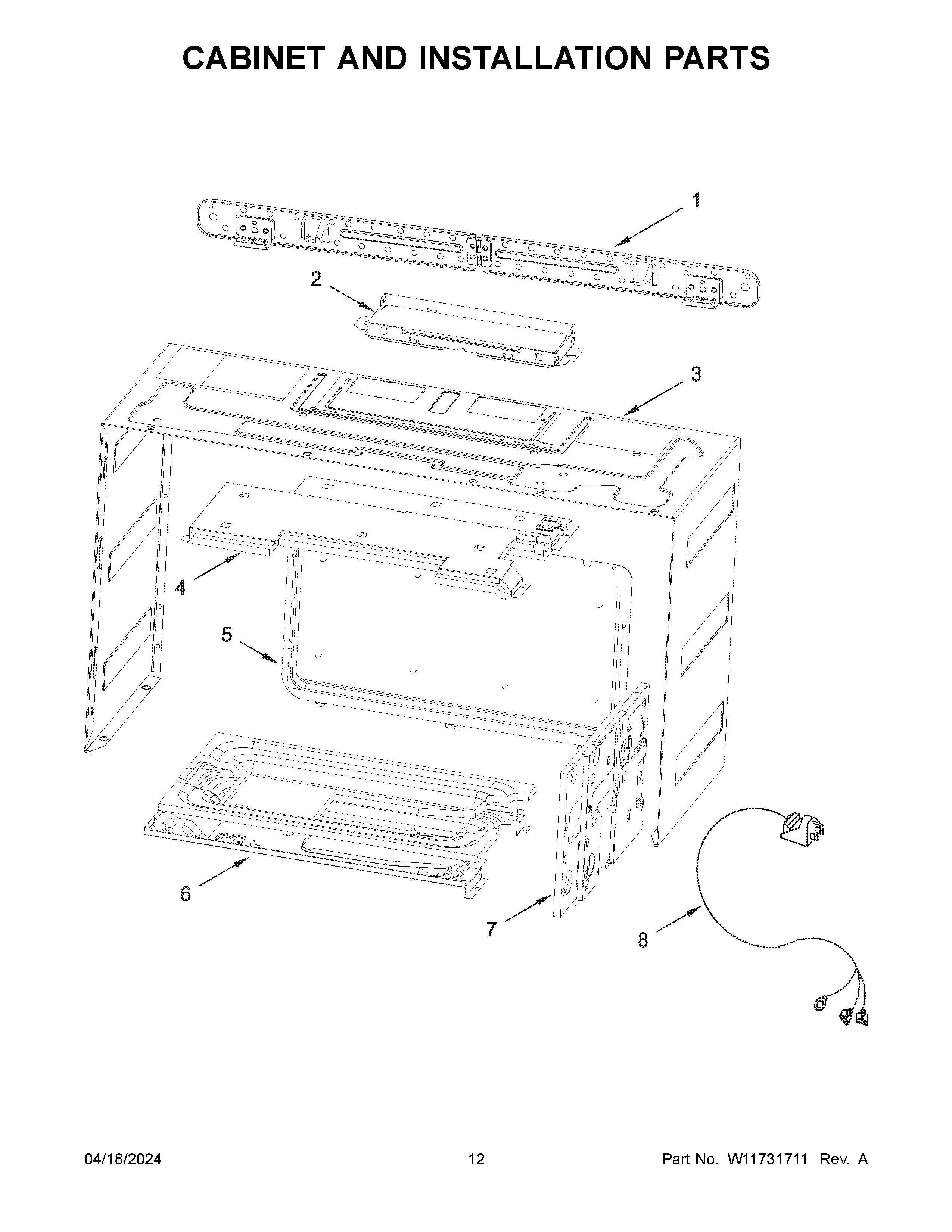 Cabinet and installation parts