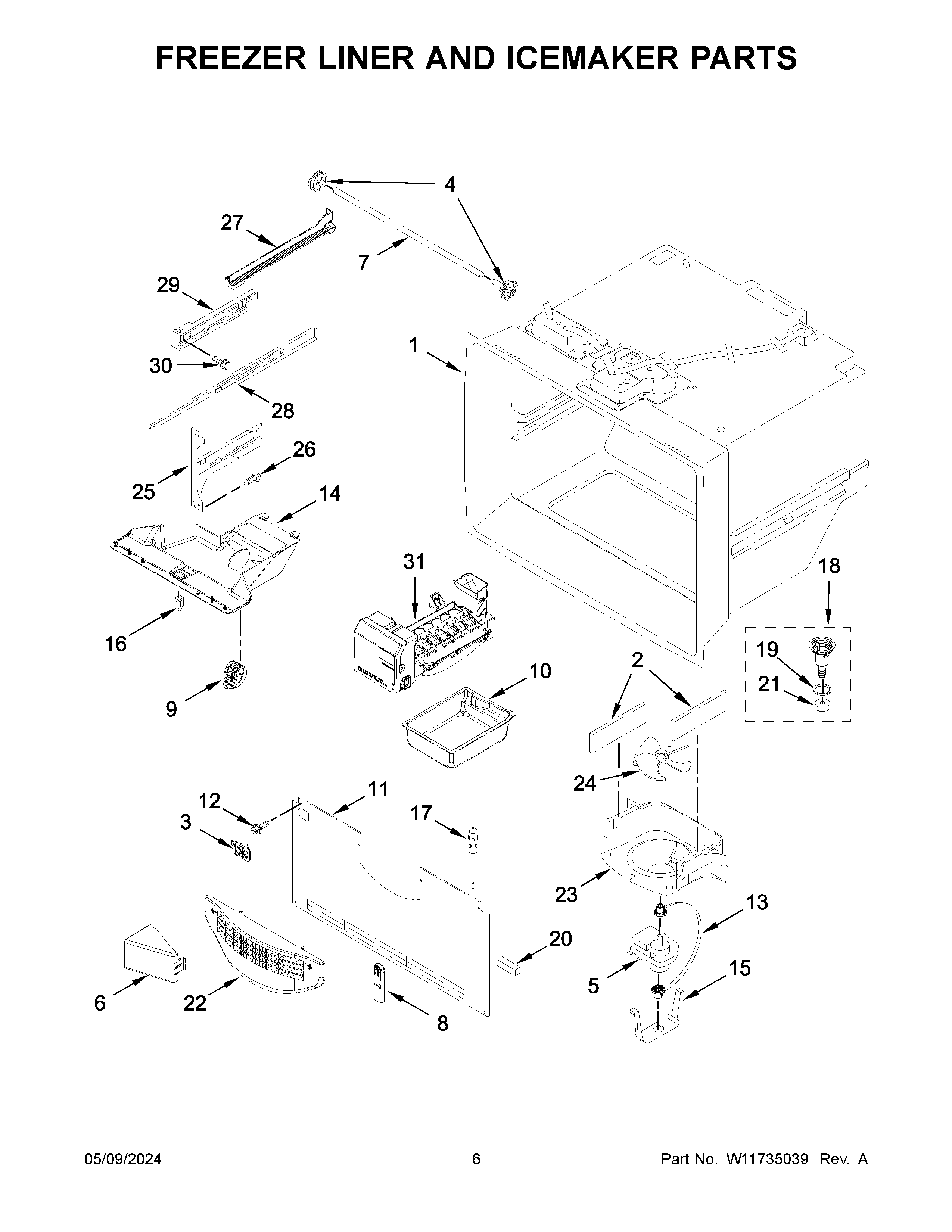 Freezer liner and icemaker parts