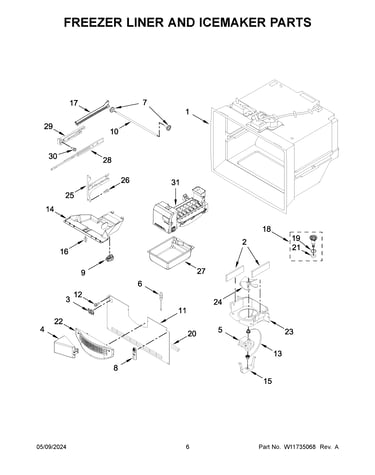 Freezer liner and icemaker parts
