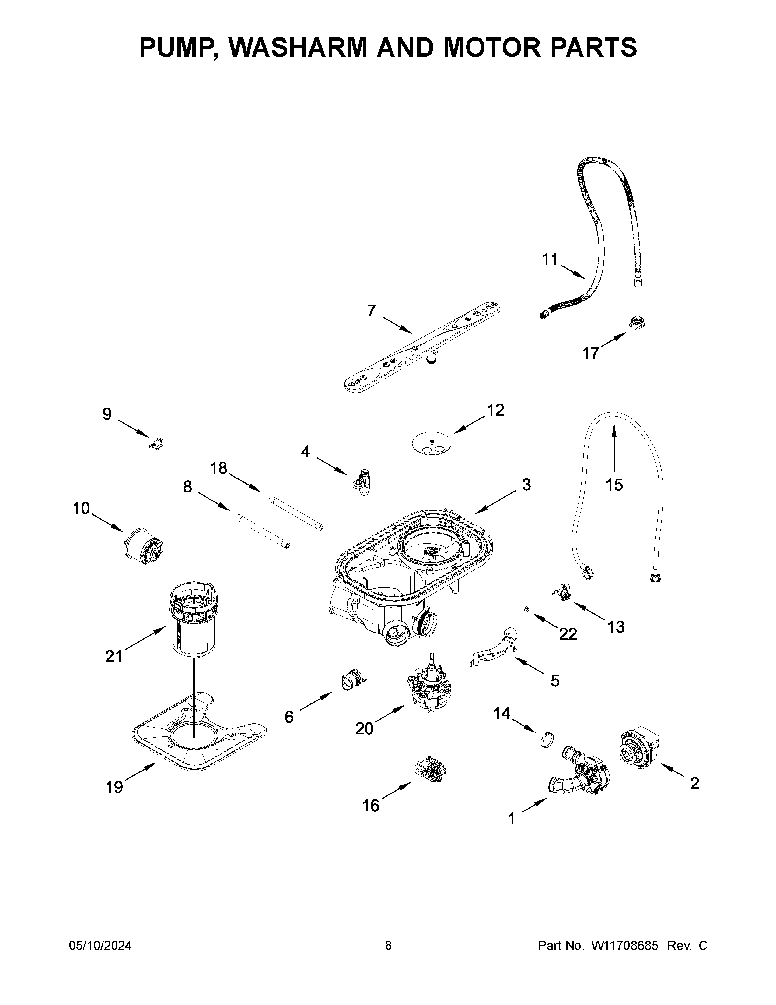 Pump, washarm and motor parts