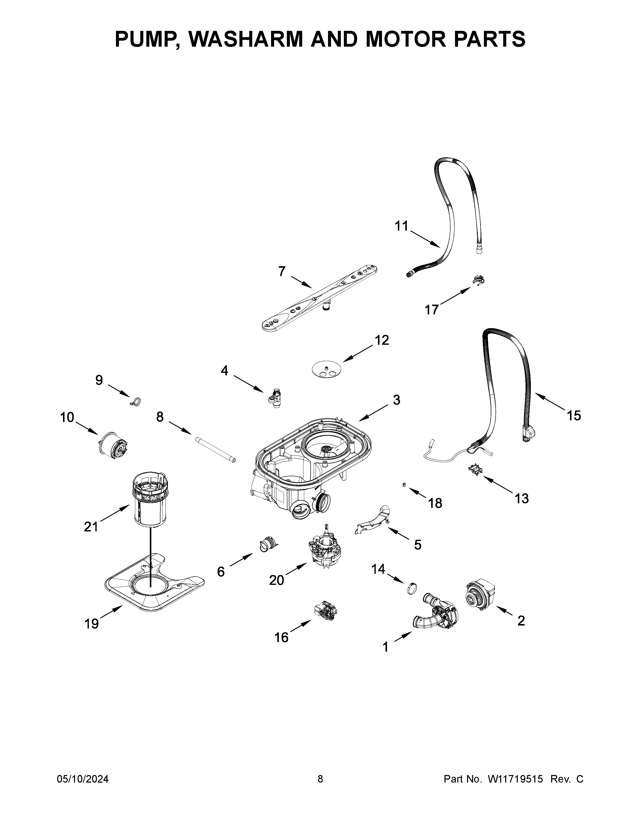 Pump, washarm and motor parts
