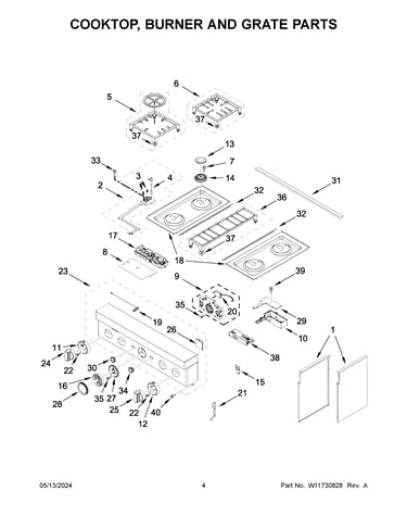 Cooktop, burner and grate parts