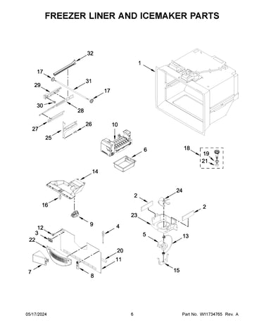 Freezer liner and icemaker parts