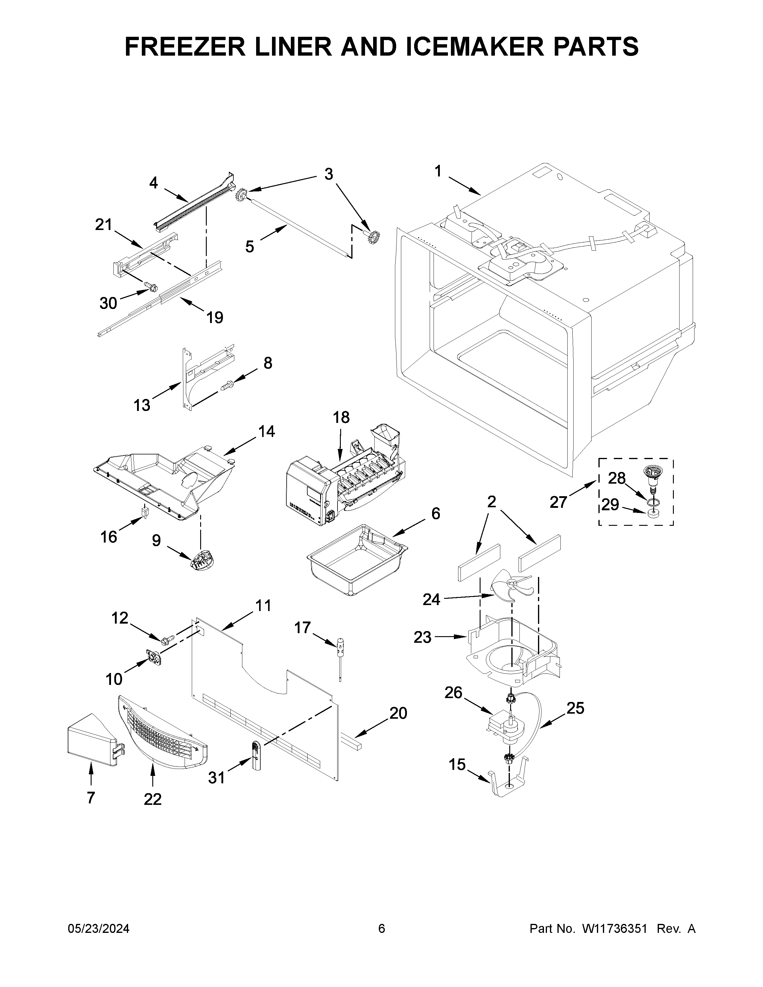 Freezer liner and icemaker parts