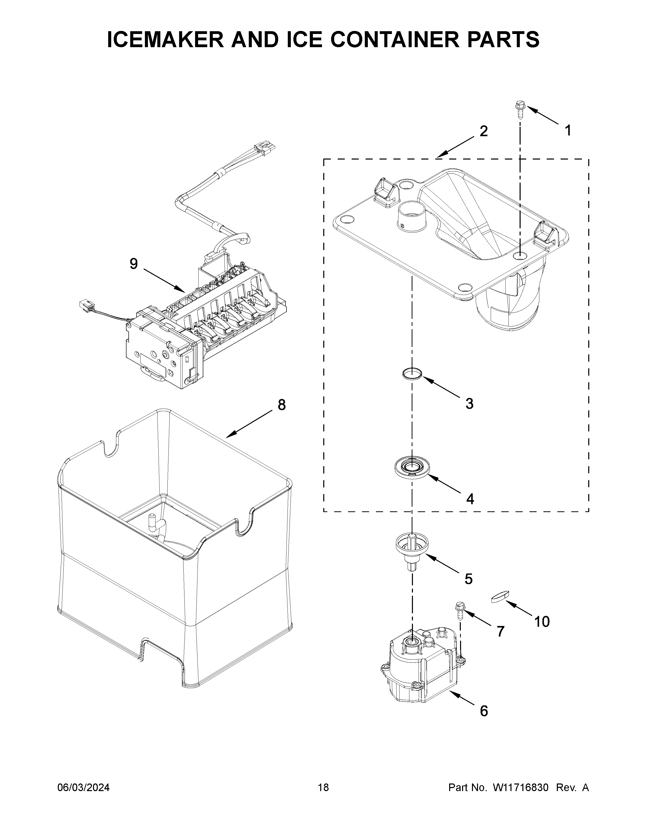 Icemaker and ice container parts