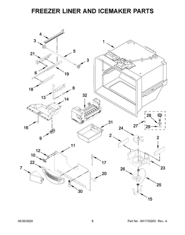 Freezer liner and icemaker parts