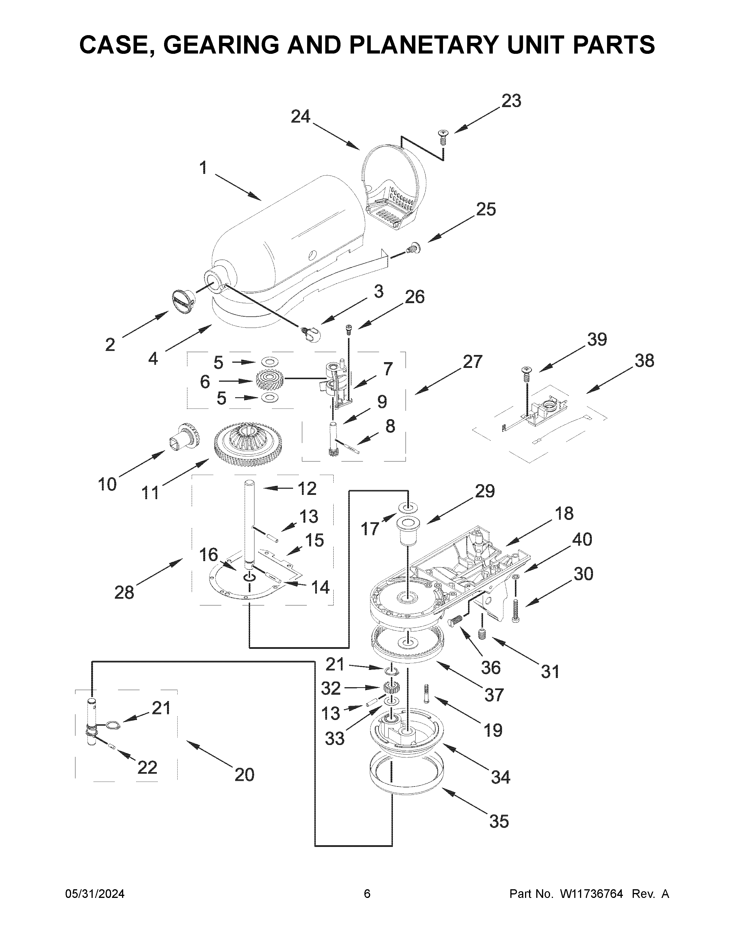 Case, gearing and planetary unit parts