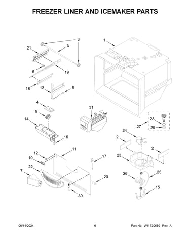 Freezer liner and icemaker parts