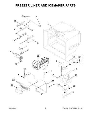 Freezer liner and icemaker parts