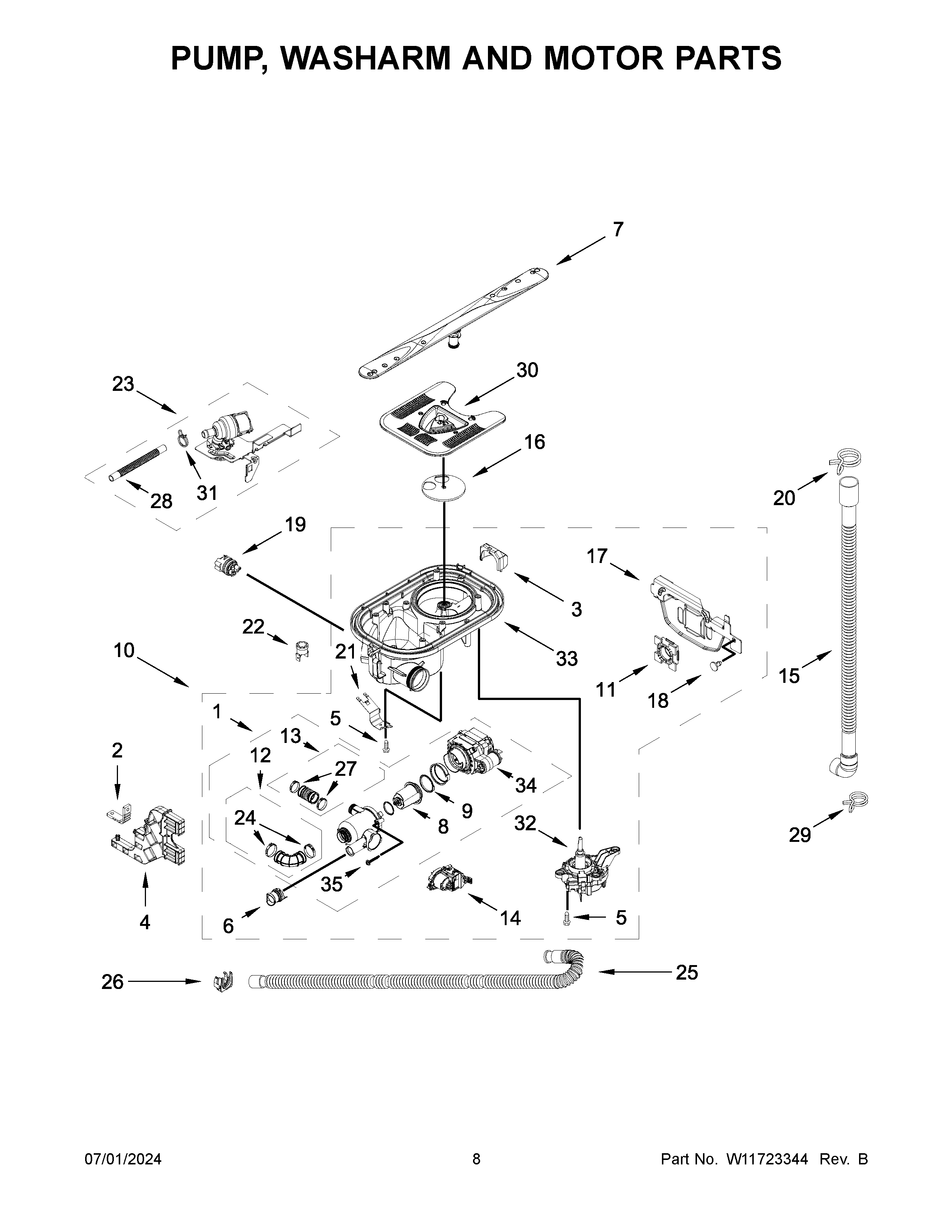 Pump, washarm and motor parts