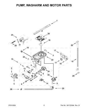 Pump, washarm and motor parts