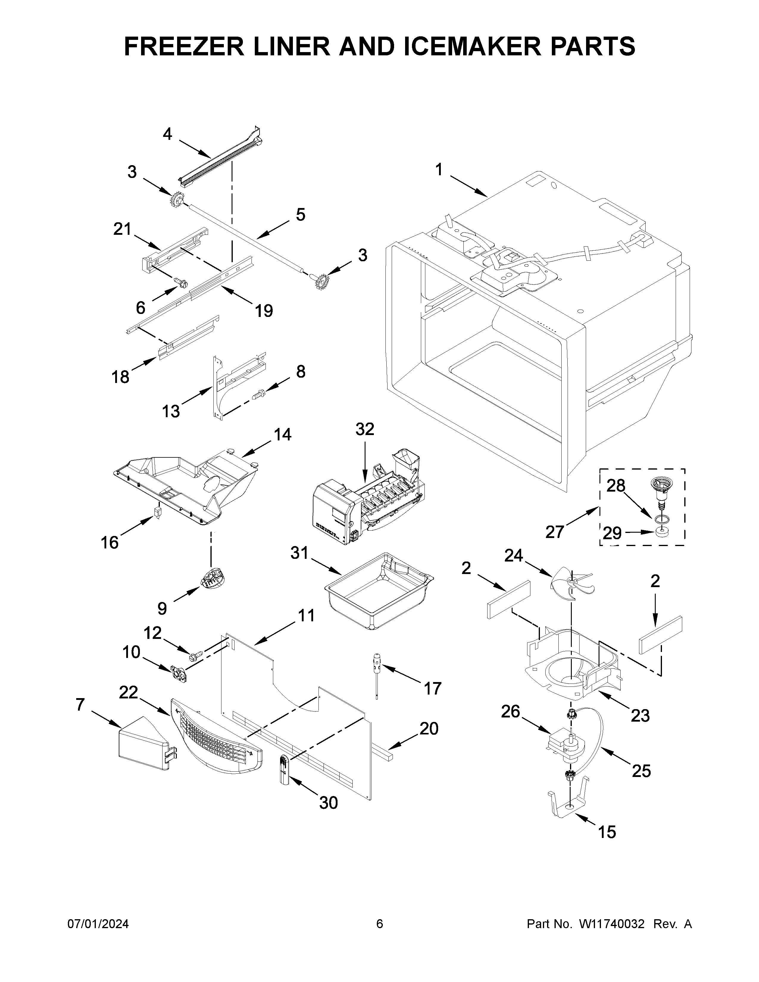 Freezer liner and icemaker parts