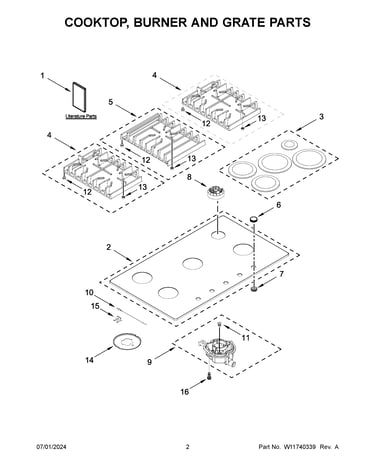 Cooktop, burner and grate parts