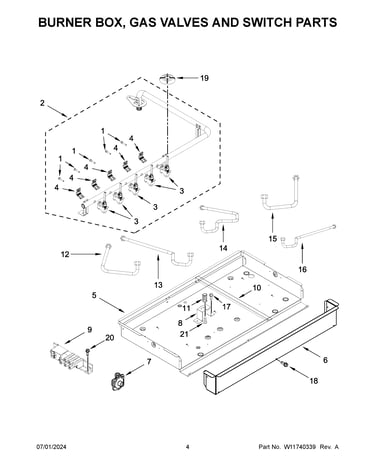 Burner box, gas valves and switch parts