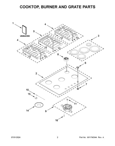 Cooktop, burner and grate parts