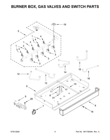 Burner box, gas valves and switch parts