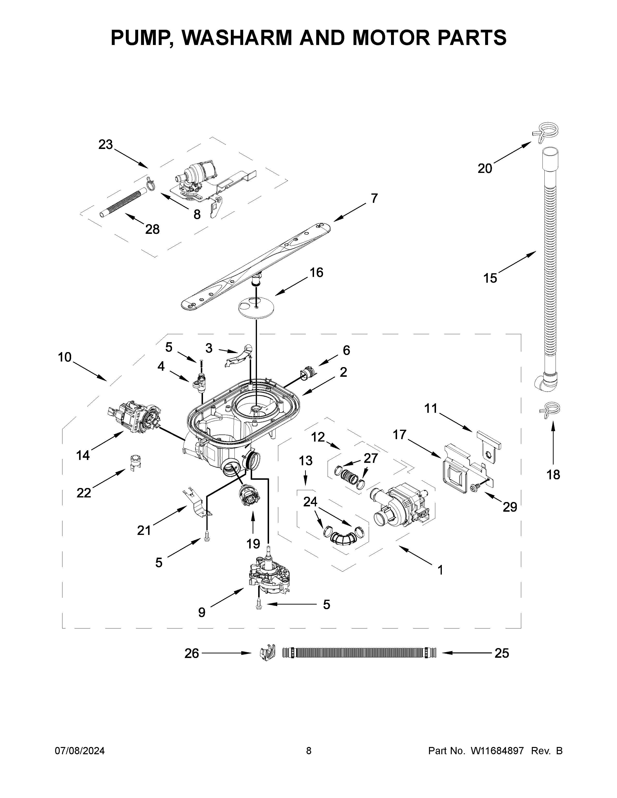 Pump, washarm and motor parts