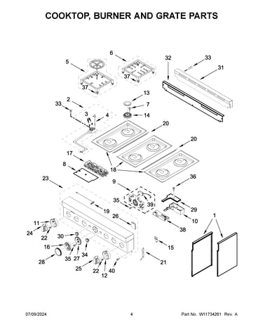 Cooktop, burner and grate parts