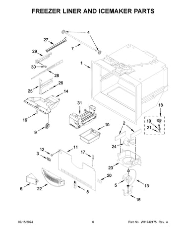Freezer liner and icemaker parts