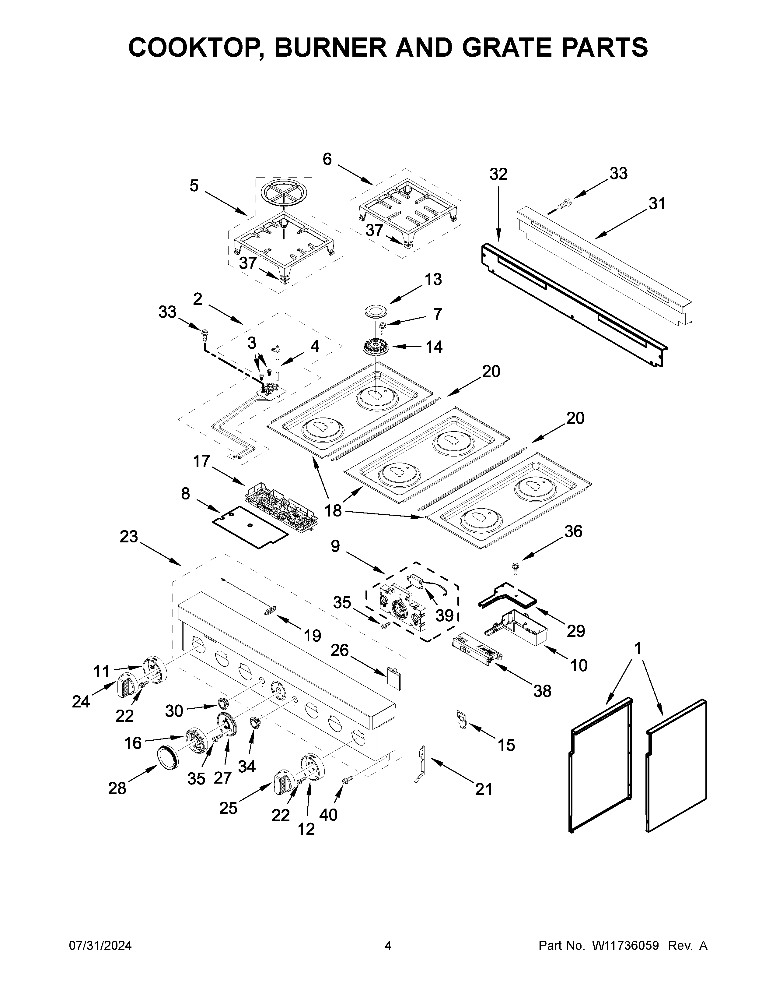 Cooktop, burner and grate parts
