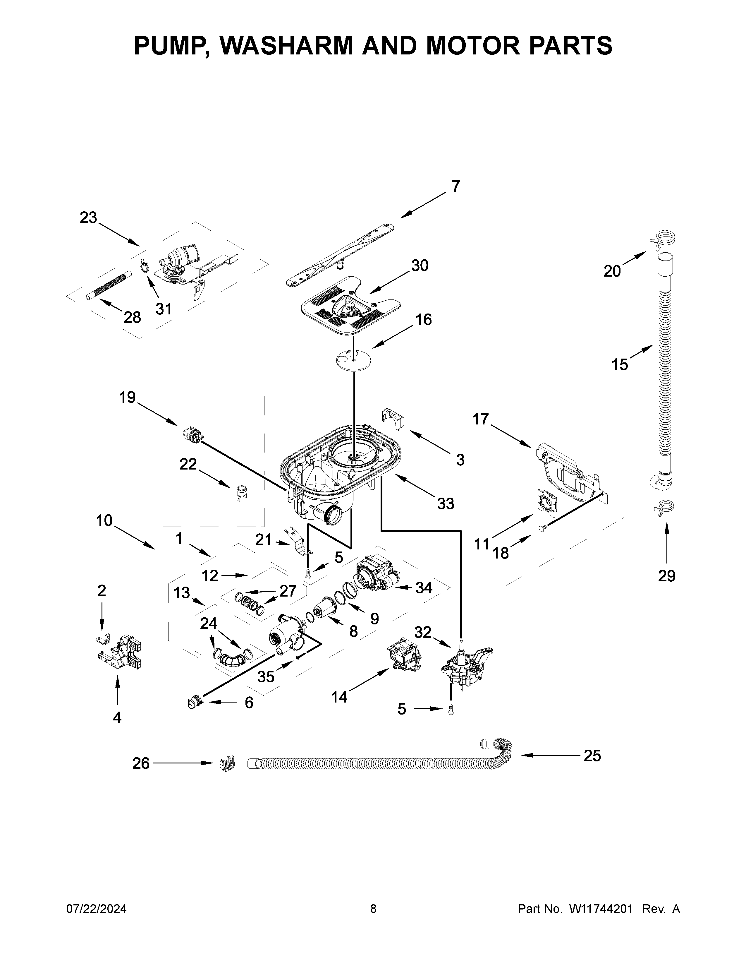 Pump, washarm and motor parts