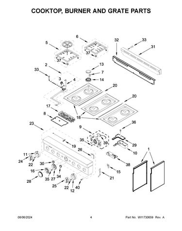 Cooktop, burner and grate parts