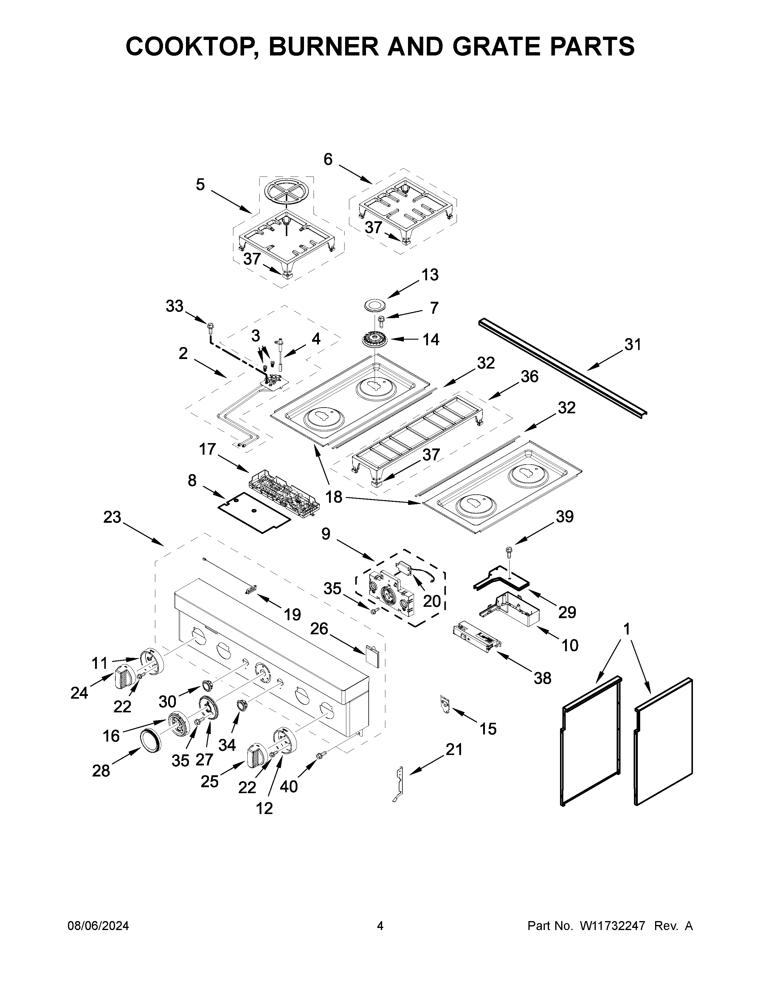 Cooktop, burner and grate parts
