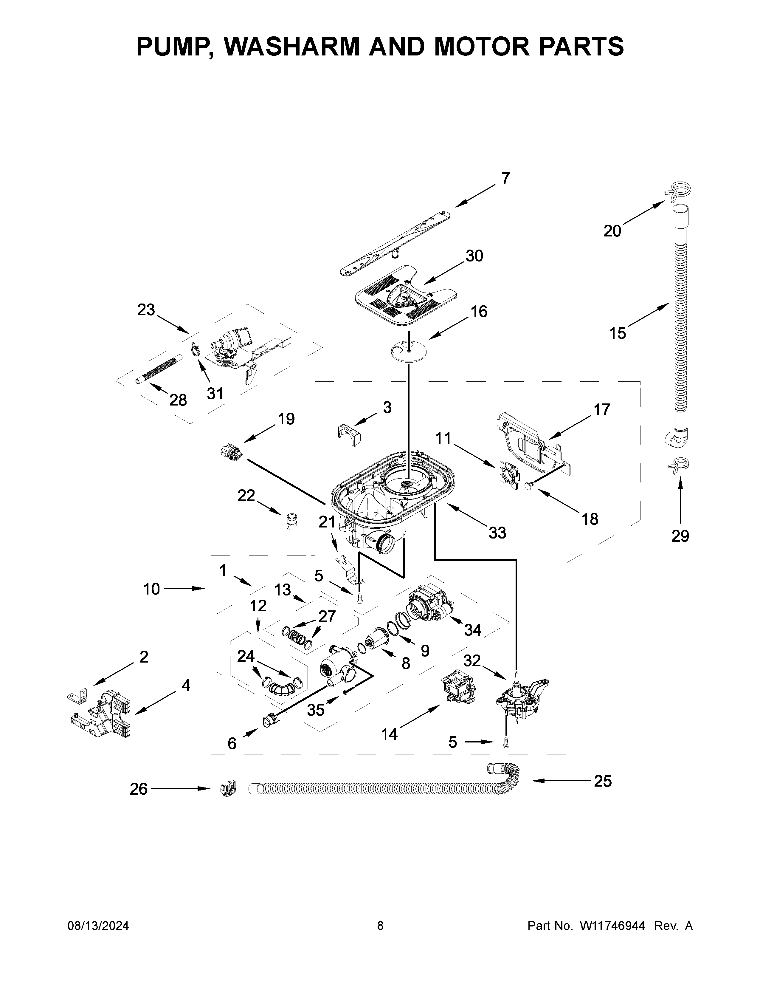 Pump, washarm and motor parts
