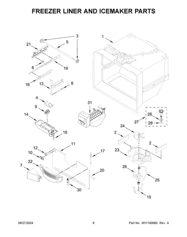 Freezer liner and icemaker parts