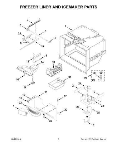 Freezer liner and icemaker parts