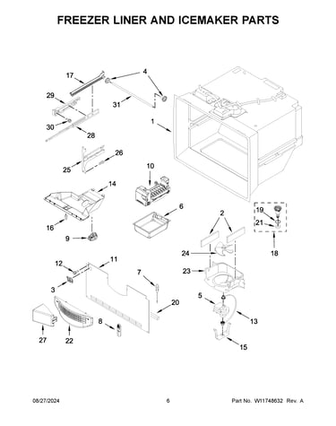 Freezer liner and icemaker parts