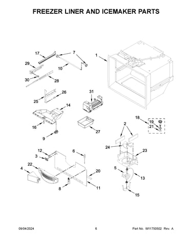 Freezer liner and icemaker parts