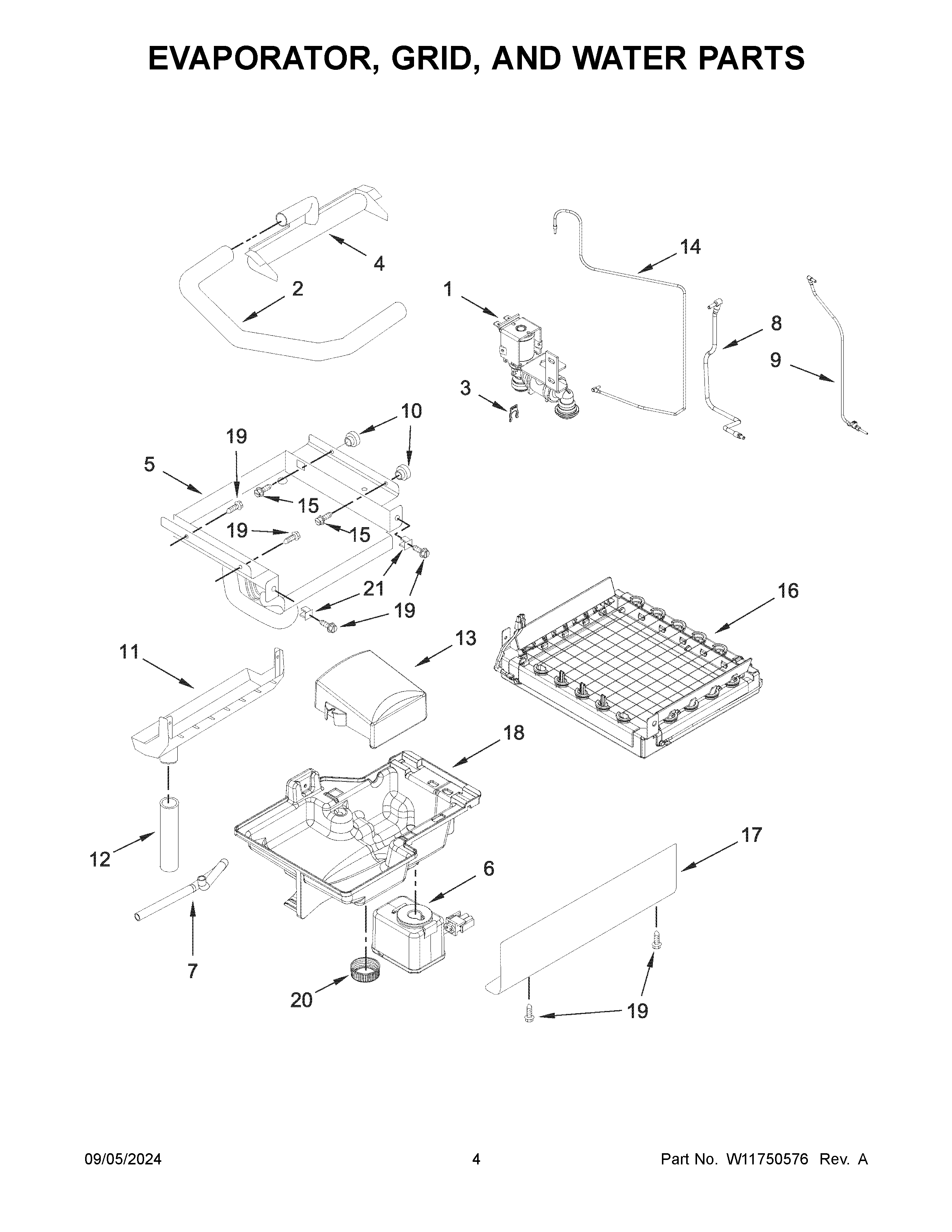 Evaporator, grid, and water parts