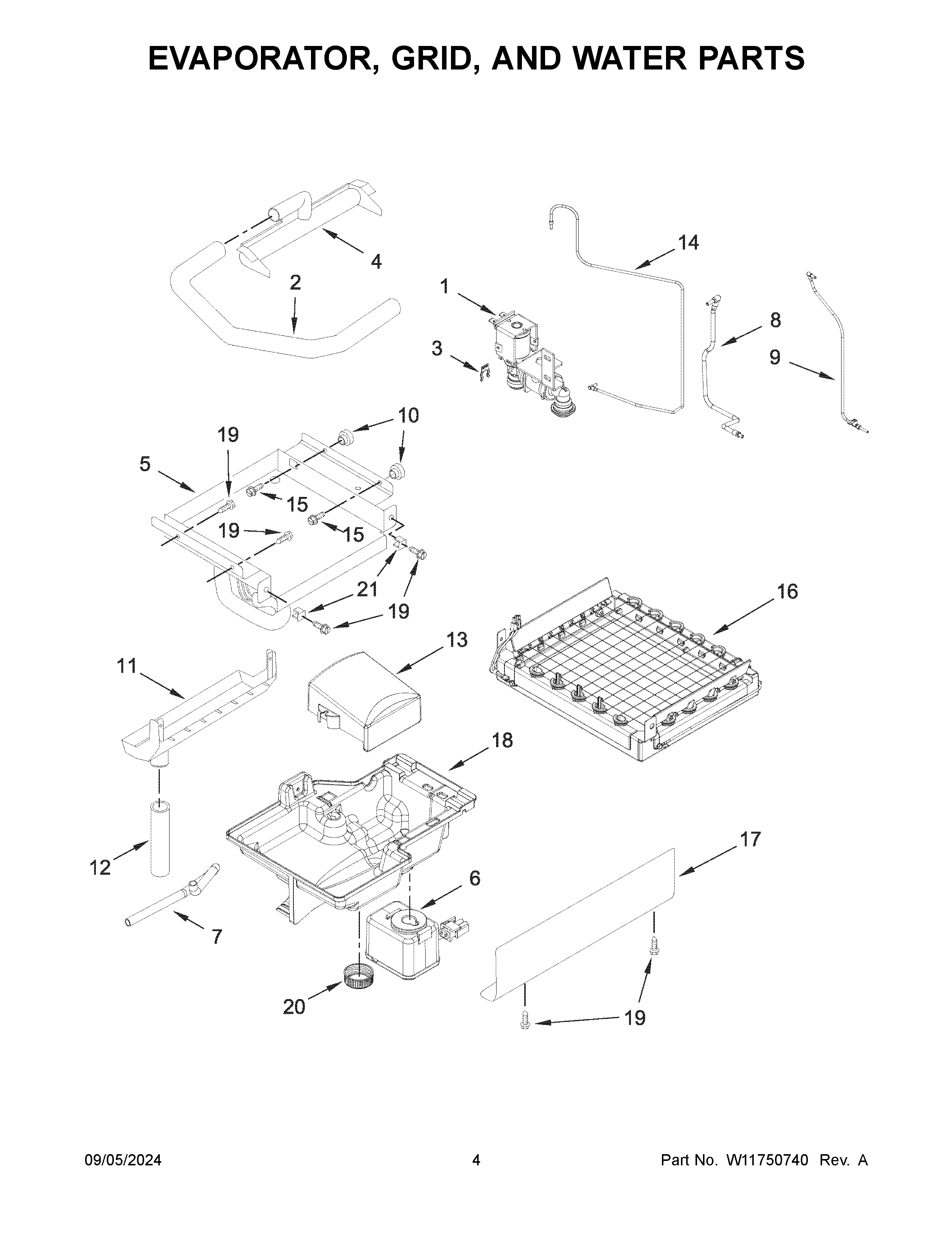 Evaporator, grid, and water parts