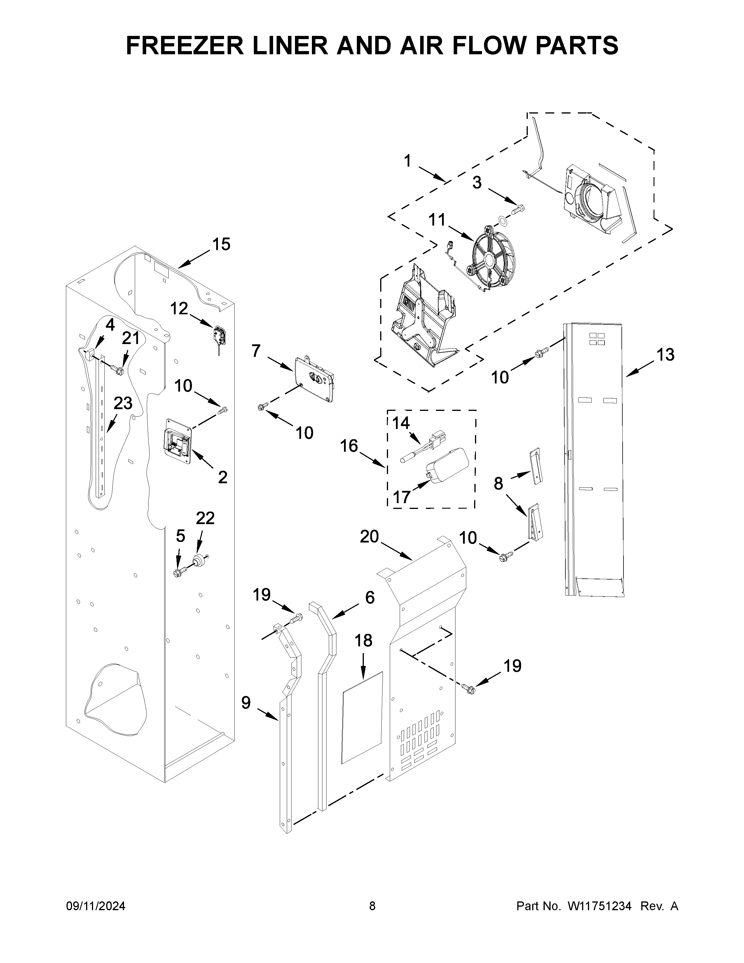 Freezer liner and air flow parts