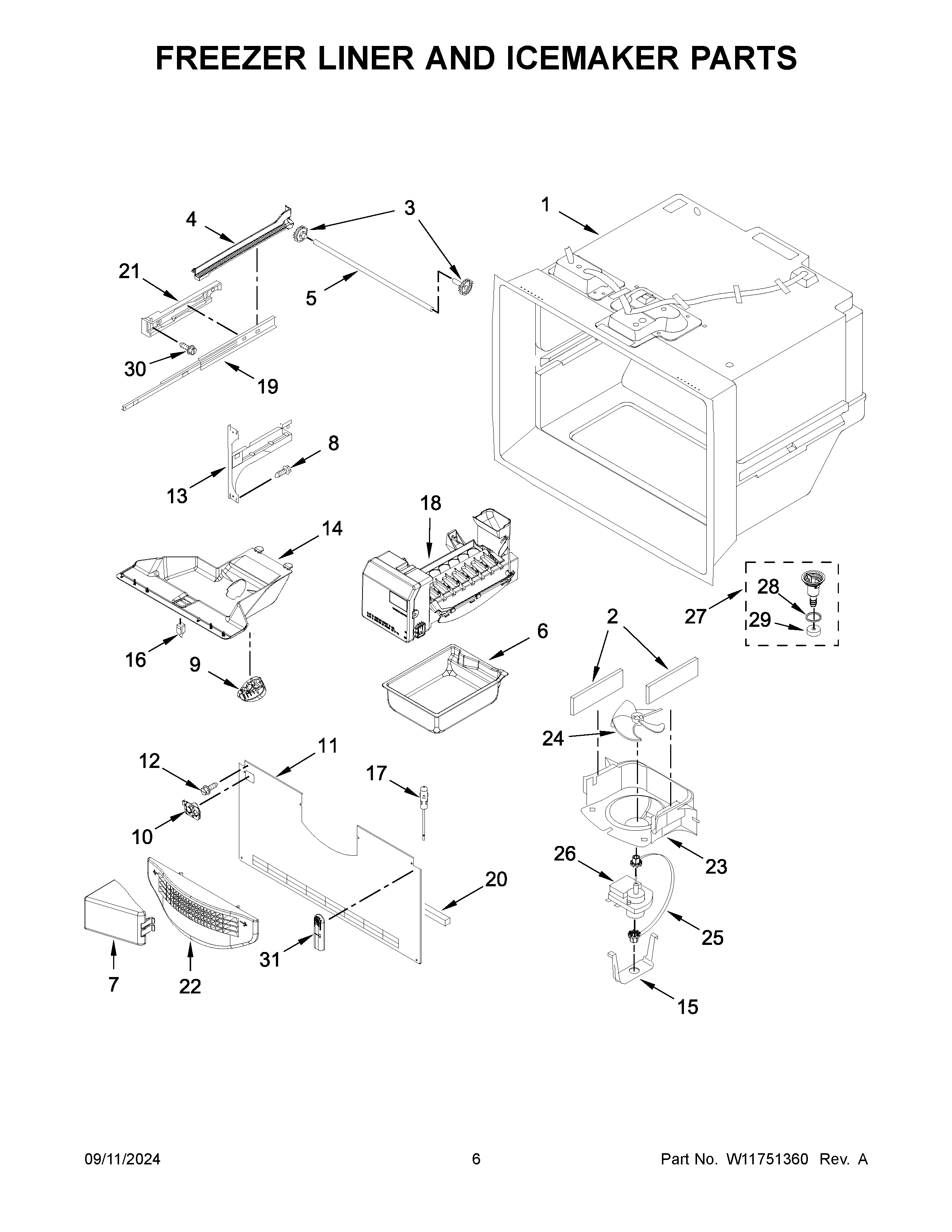 Freezer liner and icemaker parts