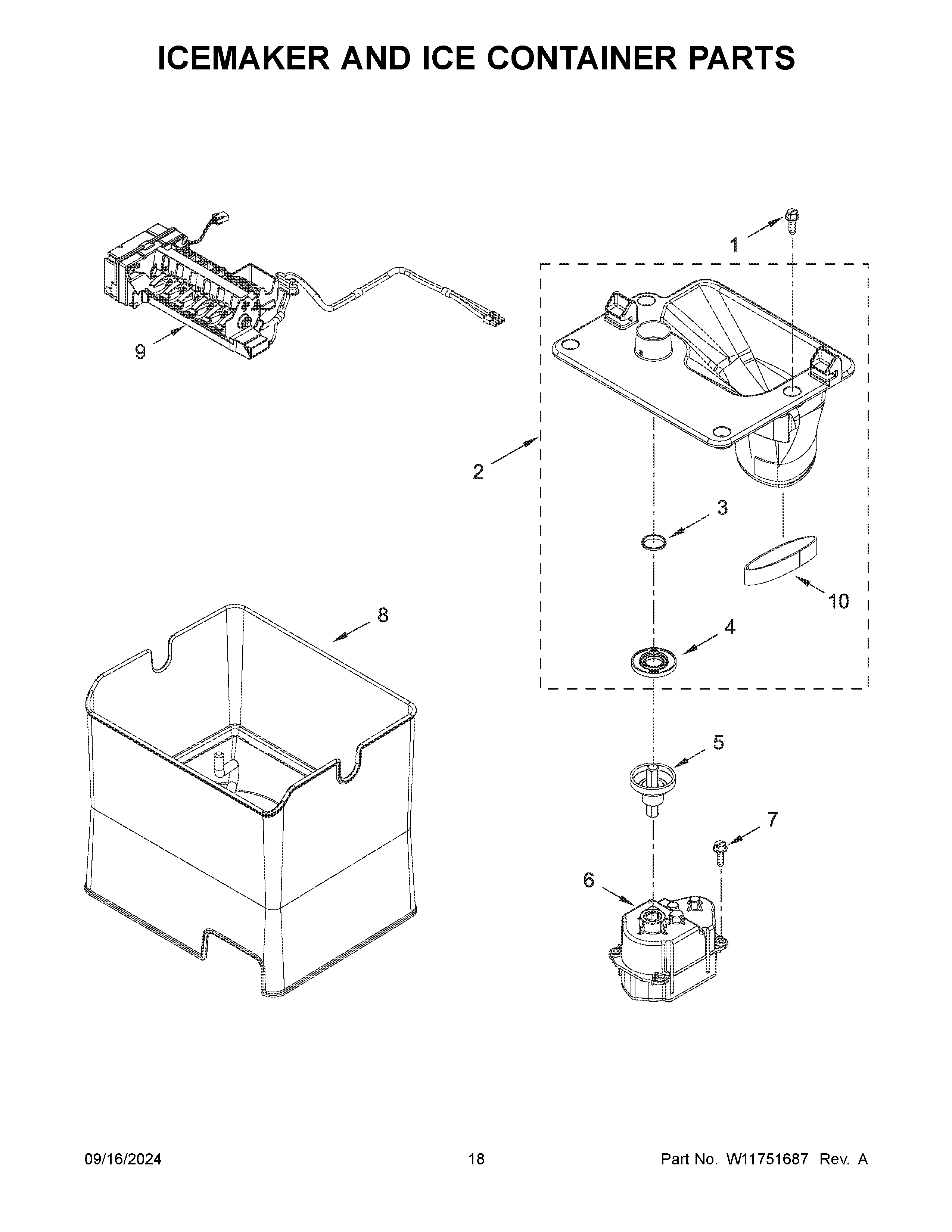 Icemaker and ice container parts