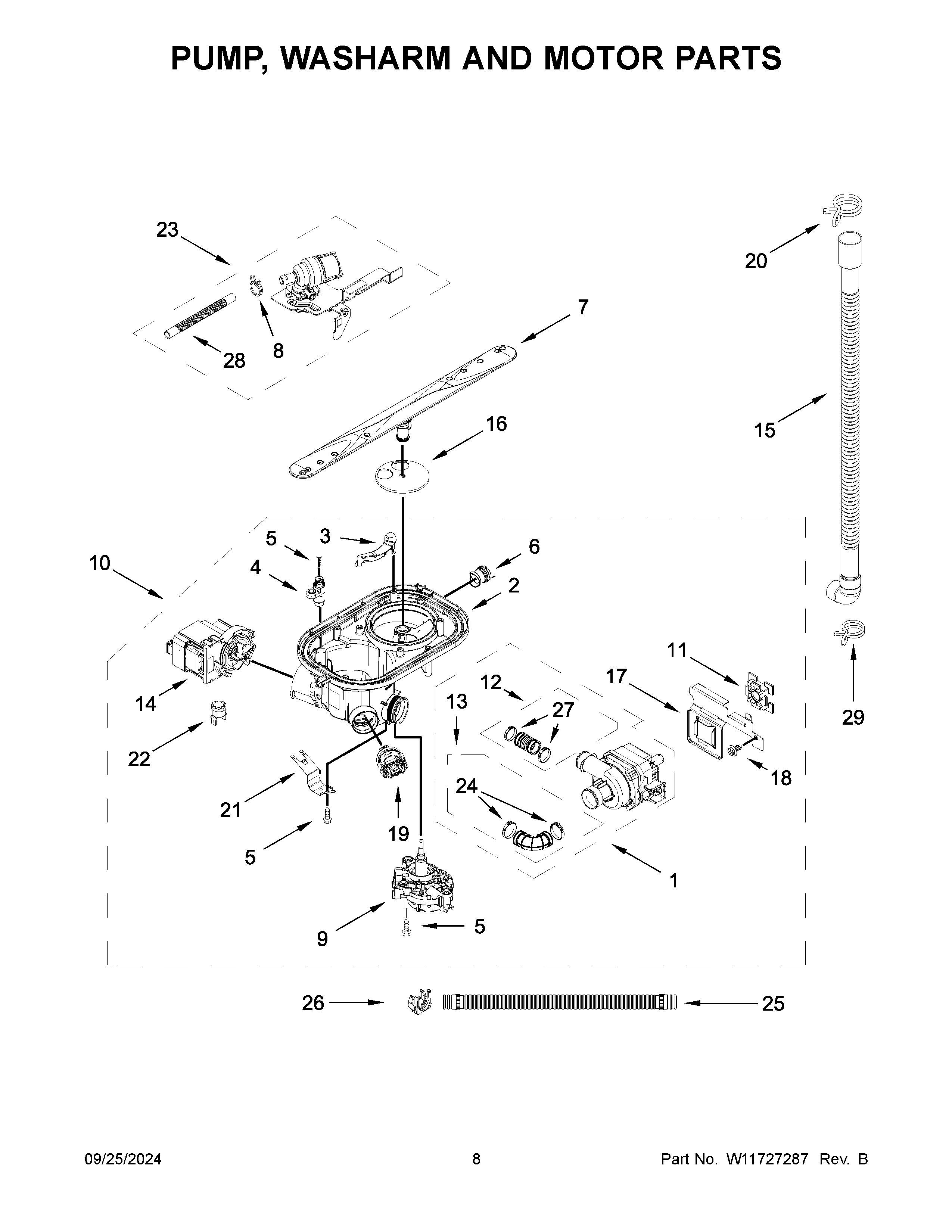 Pump, washarm and motor parts