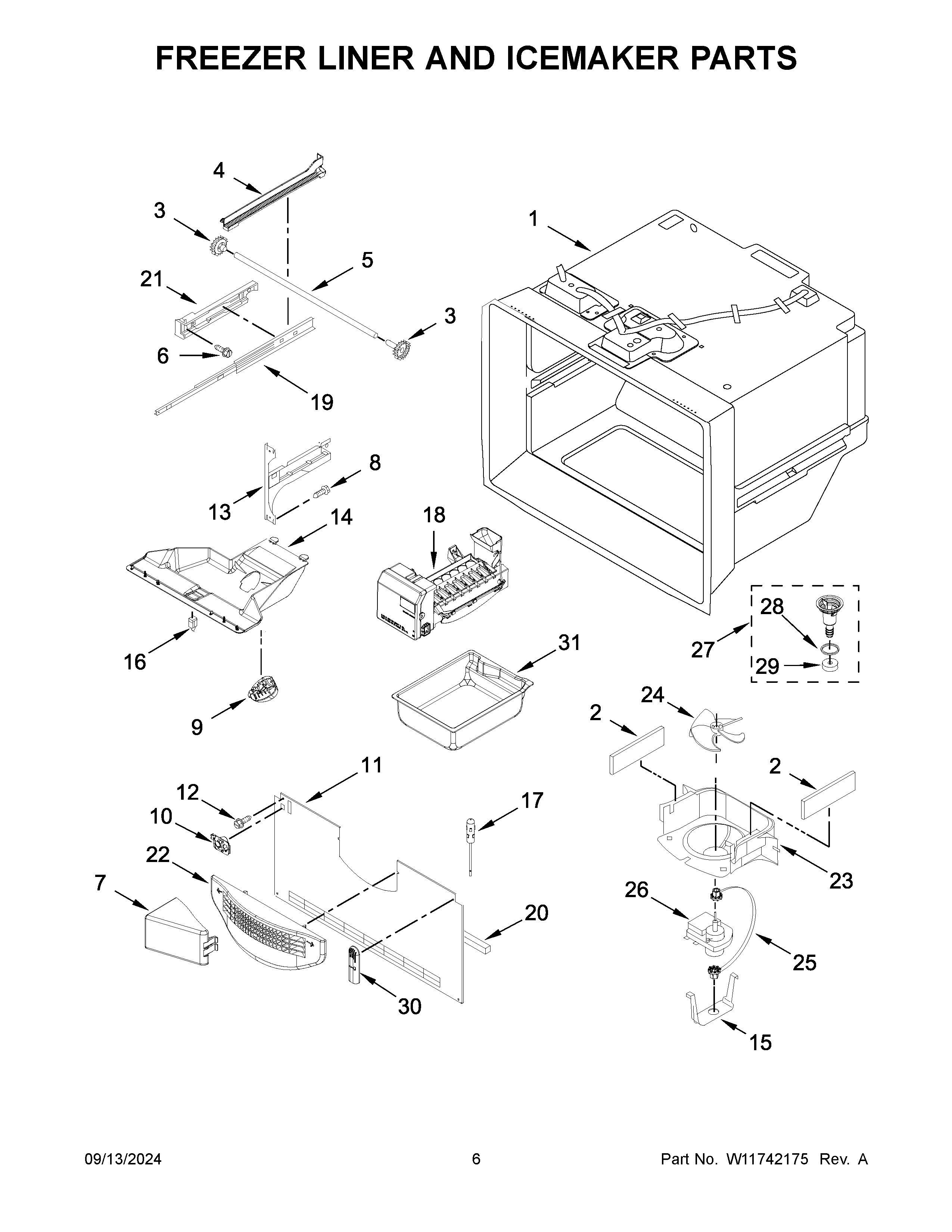 Freezer liner and icemaker parts