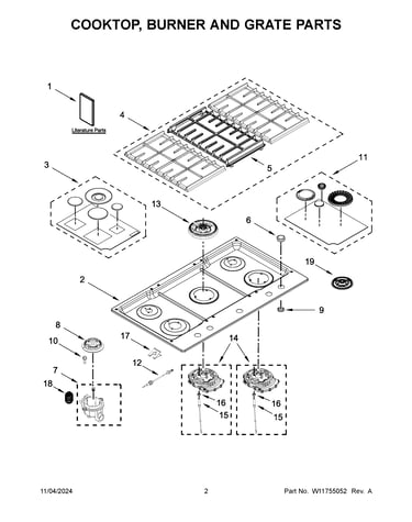 Cooktop, burner and grate parts