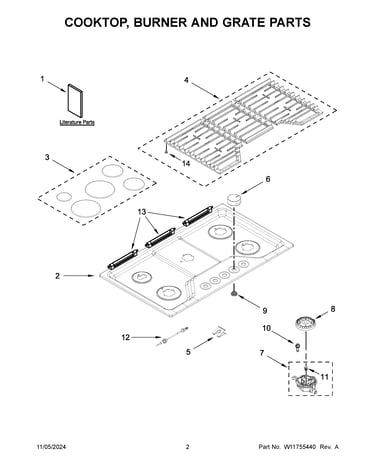 Cooktop, burner and grate parts